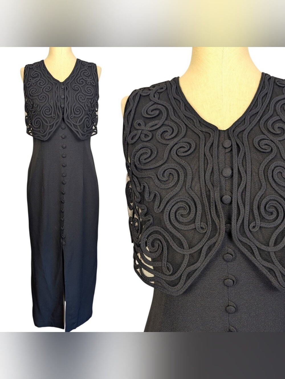 Vintage Black Maxi Dress with Attached Soutache Vest